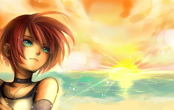 Picture sand, sea, girl, sunset, art, tayuya1130, kingdom hearts, kairi