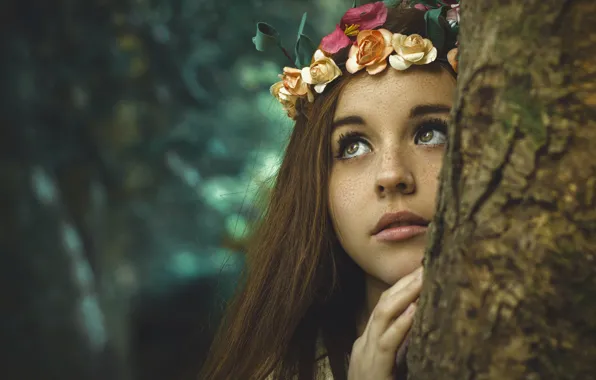 Picture eyes, look, girl, trees, flowers, nature, face, background
