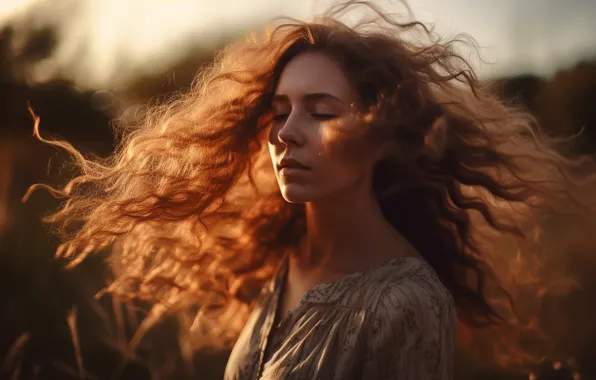 Field, girl, the sun, light, nature, face, the wind, portrait