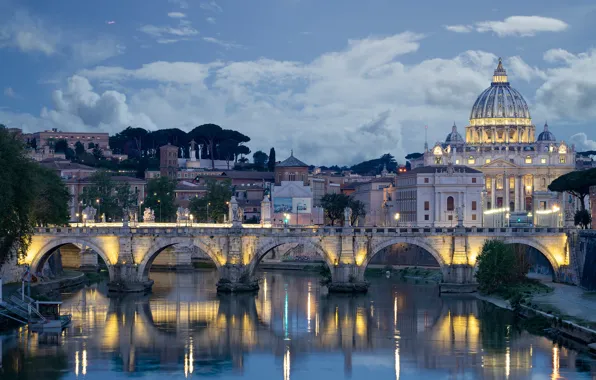 The sky, clouds, trees, bridge, lights, river, home, the evening