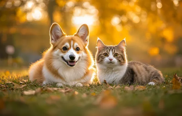 Autumn, language, cat, grass, cat, look, light, nature