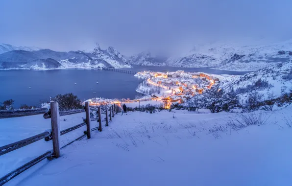 Winter, snow, mountains, bridge, nature, lights, the snow, houses