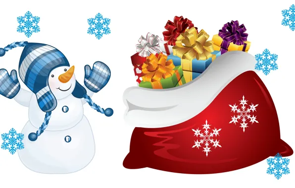 Joy, mood, holiday, art, gifts, New year, snowman, bag