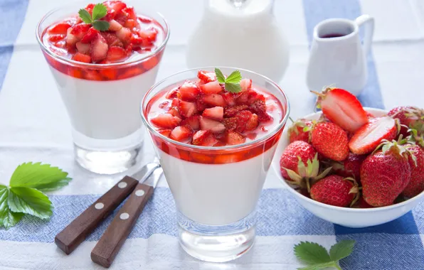 Milk, strawberry, dessert, leaves