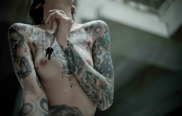 Chest, girl, piercing, tattoo, nipples, chain, keys, tattoo