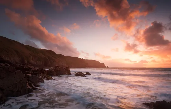 Clouds, the ocean, rocks, dawn, shore