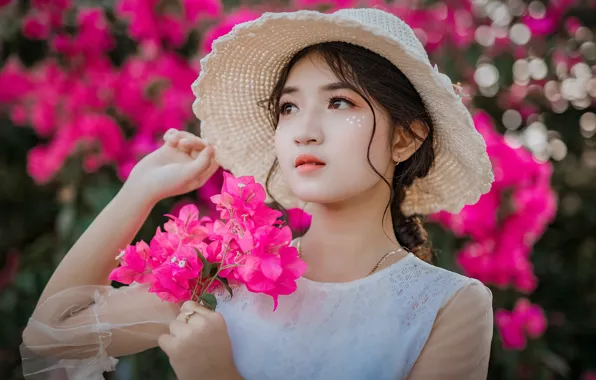 Girl, flowers, bouquet, spring, hat, pink, Asian, white dress