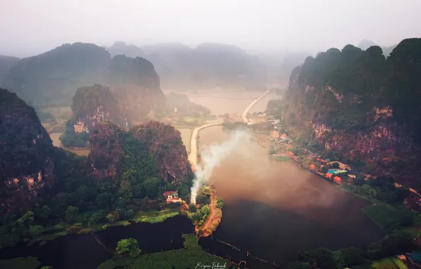 Picture mountains, river, morning, haze, Vietnam, the village, Evgeni Fabis, picturesque landscape