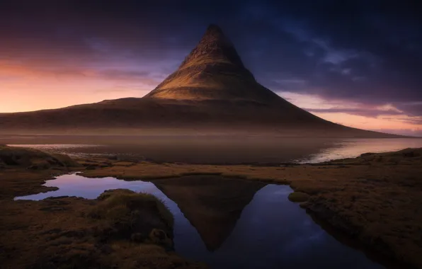 The sky, mountains, reflection, shore, the volcano, twilight, Iceland, pond