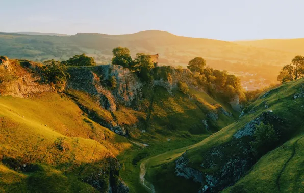 Light, mountains, castle, rocks, hills, the slopes, ruins