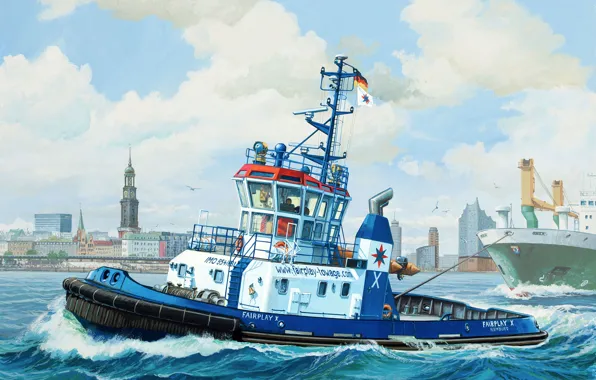 Art, painting, ship, boat, Harbour Tug Boat &ampquot;Fairplay&ampquot;