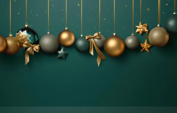 Balls, green, Christmas, New year, green background, gold, side, Christmas decorations