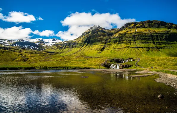 Greens, the sky, the sun, clouds, mountains, lake, waterfall, Iceland