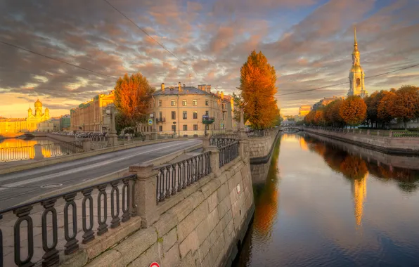 Road, autumn, the sky, trees, building, Church, Russia, Gordeev Edward