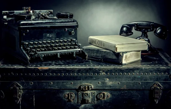 Books, phone, Vintage, typewriter, Still Life