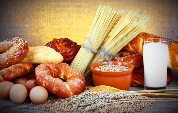 Picture glass, grain, eggs, milk, plate, bread, bread, spaghetti