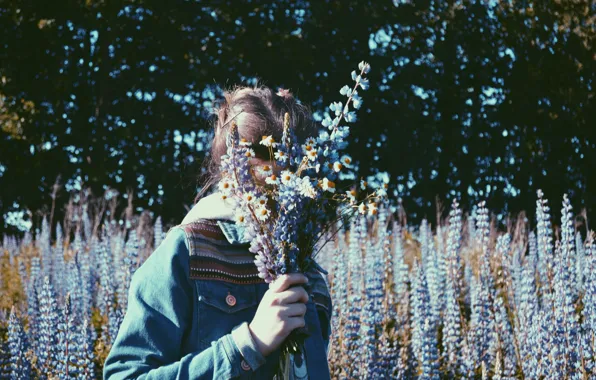Summer, girl, trees, flowers, chamomile, lupins