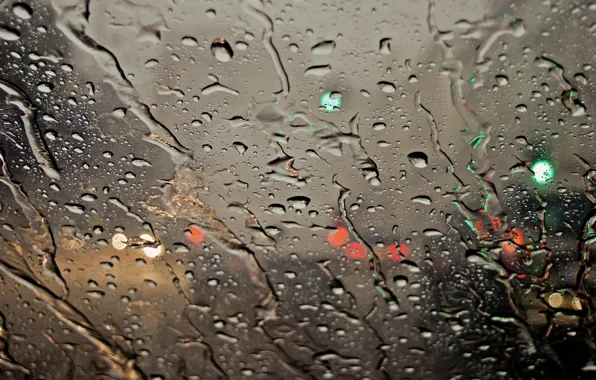 Wet, glass, drops, macro, lights, rain