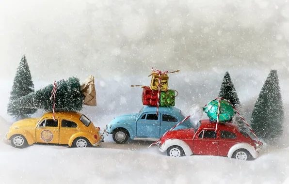 Snow, toys, Christmas, gifts, New year, candy, cars, models