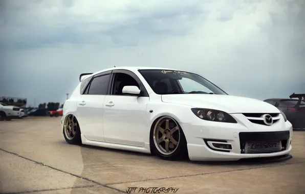 White, wheels, mazda, japan, jdm, tuning, front, Mazda