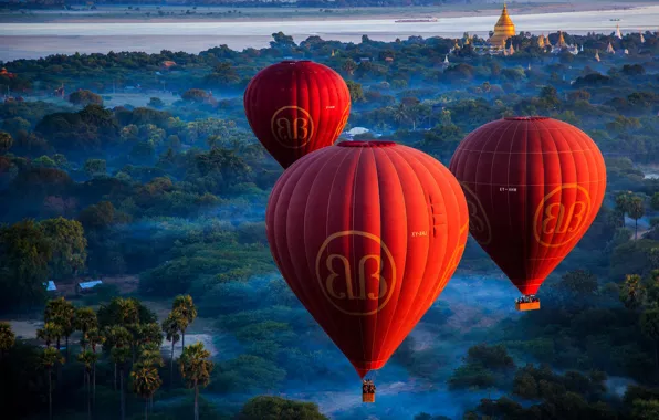 Trees, landscape, nature, the city, fog, river, balloons, dawn