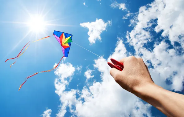 The sky, the sun, childhood, background, Wallpaper, mood, hand, kite