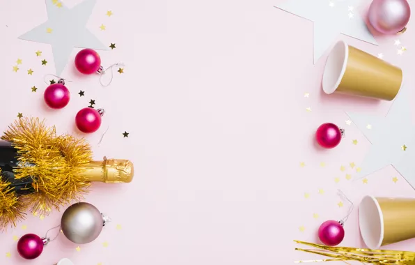 Balls, wine, bottle, Christmas, New year, glasses, pink, tinsel