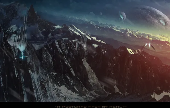 Mountains, rocks, planets, spaceships