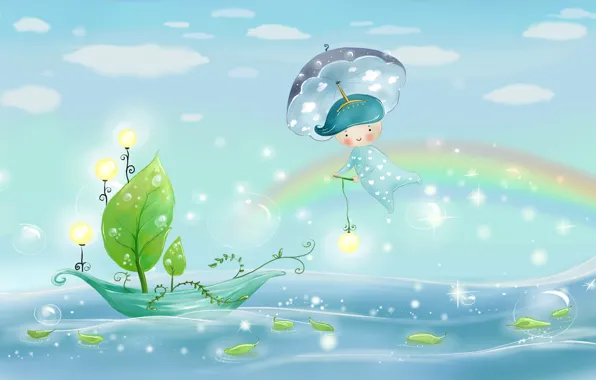 Sea, the sky, leaves, water, light, nature, bubbles, rain