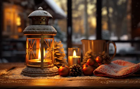 Winter, balls, light, snow, table, fire, flame, candle