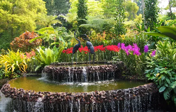 Trees, flowers, birds, garden, Singapore, fountain, the bushes, sculpture