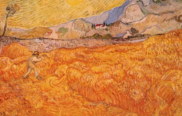 Picture the sun, Vincent van Gogh, Wheat Fields, working in the field, with Reaper at Sunrise