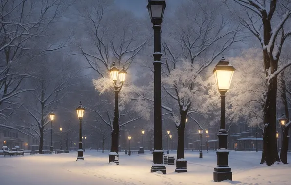 Winter, snow, night, Park, street, lights, alley, night