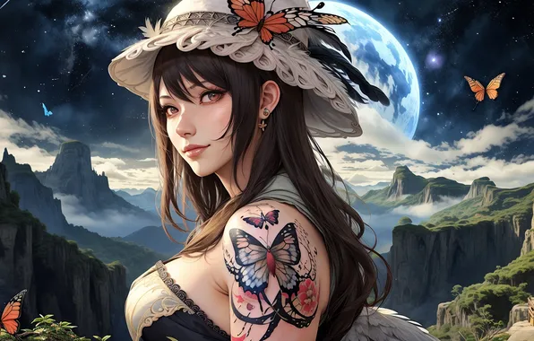 Night, the moon, brunette, hat, digital art, digital art, AI art, Stability AI