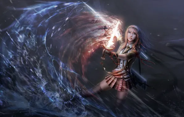 Picture water, girl, fire, magic, spear, Art, blade
