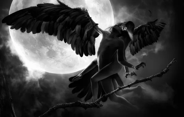 Girl, flight, night, fantasy, the moon, wings, art, guy