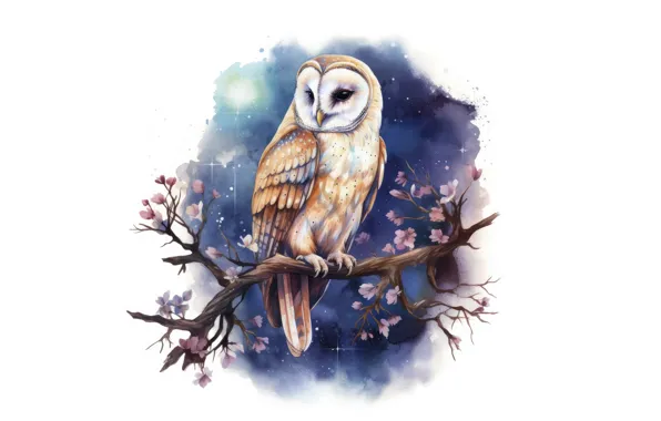 Flowers, owl, bird, branch, watercolor, white background, painting, the barn owl