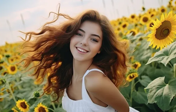 Field, summer, look, girl, joy, sunflowers, flowers, smile