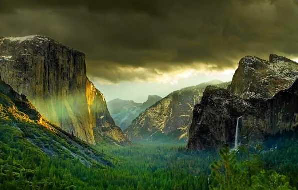Forest, mountains, clouds, waterfall, America, Yosemite National Park