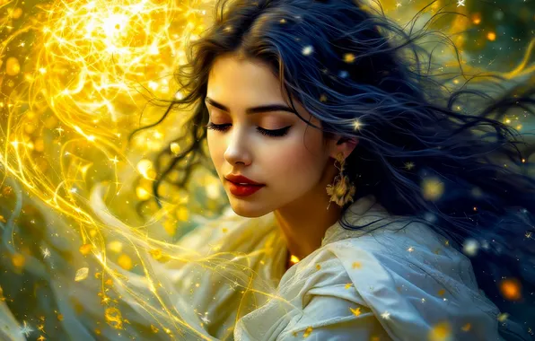 Girl, light, pose, lights, magic, earrings, brunette, fairy