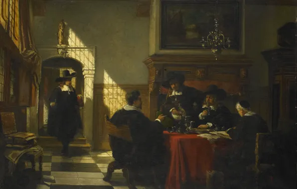 Picture oil, interior, picture, canvas, Company in Costumes of the 17th century at the Table, Johannes …