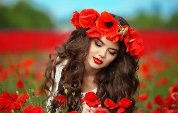 Picture field, summer, girl, flowers, Maki, makeup, hairstyle, red