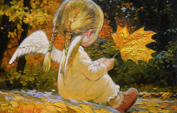 Autumn, back, braids, wings, maple leaves, angel, little girl, Victor Nizovtsev