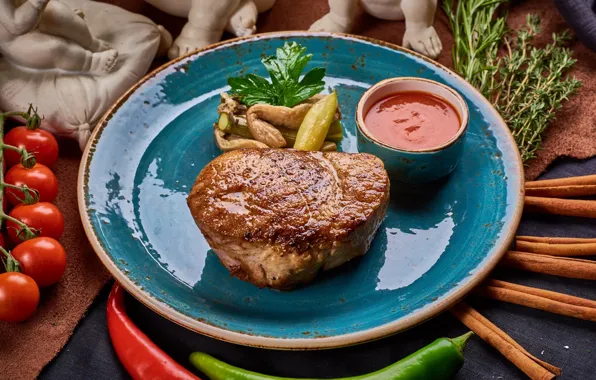 Meat, tomatoes, sauce, steak