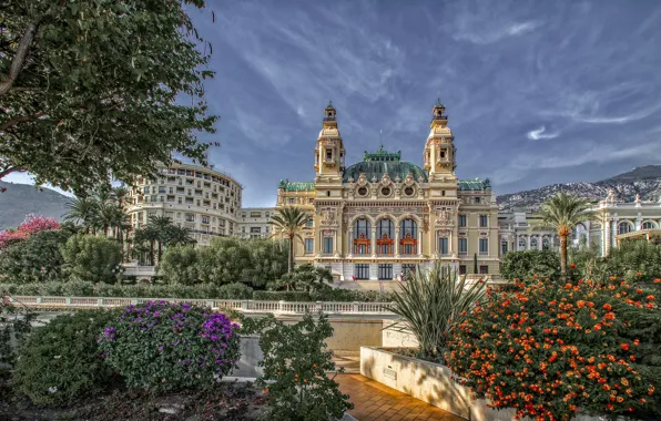 Flowers, palm trees, building, Monaco, Monte Carlo