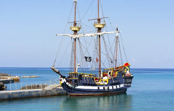 Sea, ship, Marina, sailboat, mast, pirate flag, at anchor