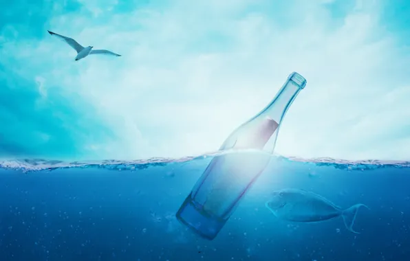 Picture sea, the sky, water, bubbles, blue, bird, bottle, fish