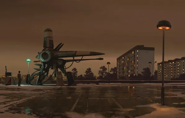Machine, the city, people, area, lantern, Simon Stålenhag, peripheral