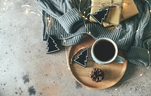 Winter, comfort, gift, coffee, Cup, sweater, tray