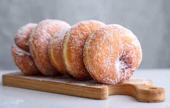 Table, donuts, cakes, powdered sugar, buns, lush, cutting Board, delicious
